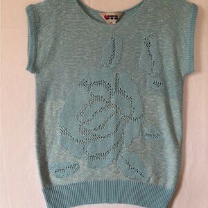 Vintage Baby Blue Short Sleeve Knit Top Sweater with Floral Design